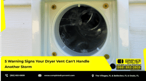 Warning signs of a clogged dryer vent failing during a storm, including poor drying and overheating.