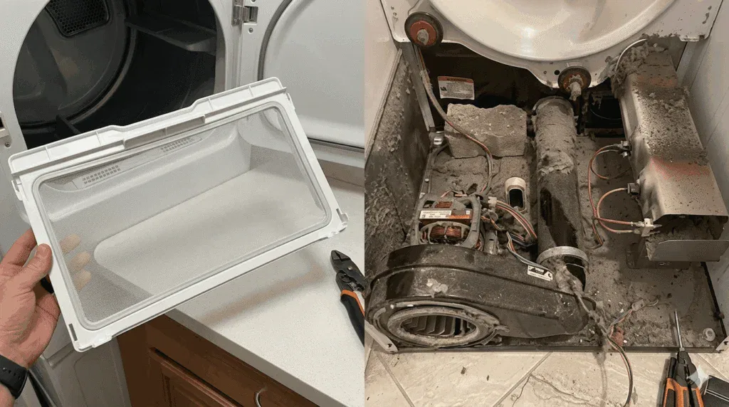 A side-by-side comparison showing a clean, white dryer lint screen on the left and the internal components of a disassembled dryer heavily coated in hazardous lint and dust on the right.