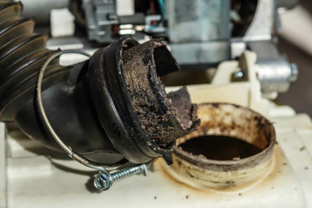 A close-up of a disconnected, heavily clogged black washing machine drain pipe with visible mold and debris during a repair service in Gainesville, FL.