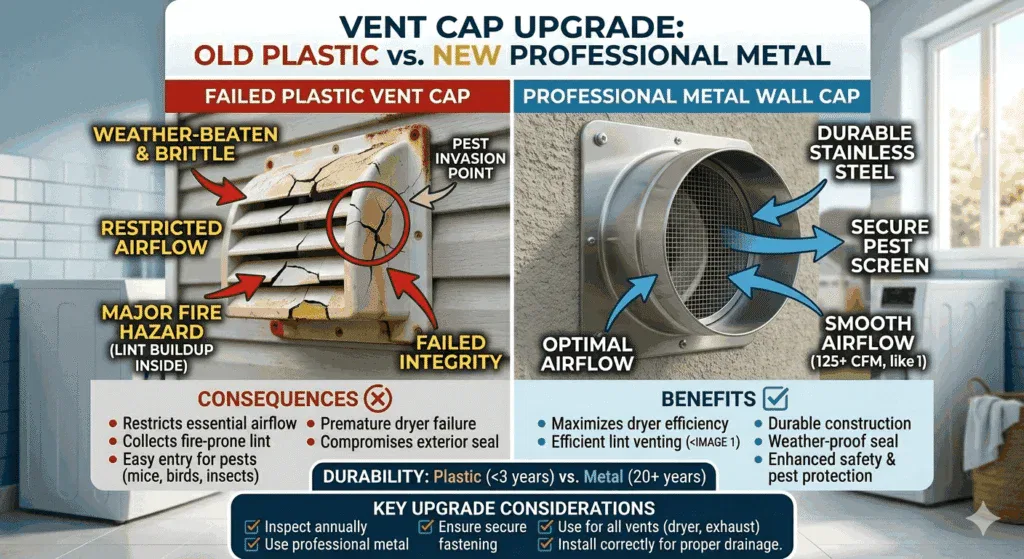 Infographic comparing a broken, brittle plastic dryer vent cap with a durable stainless steel professional metal wall cap featuring a pest screen.