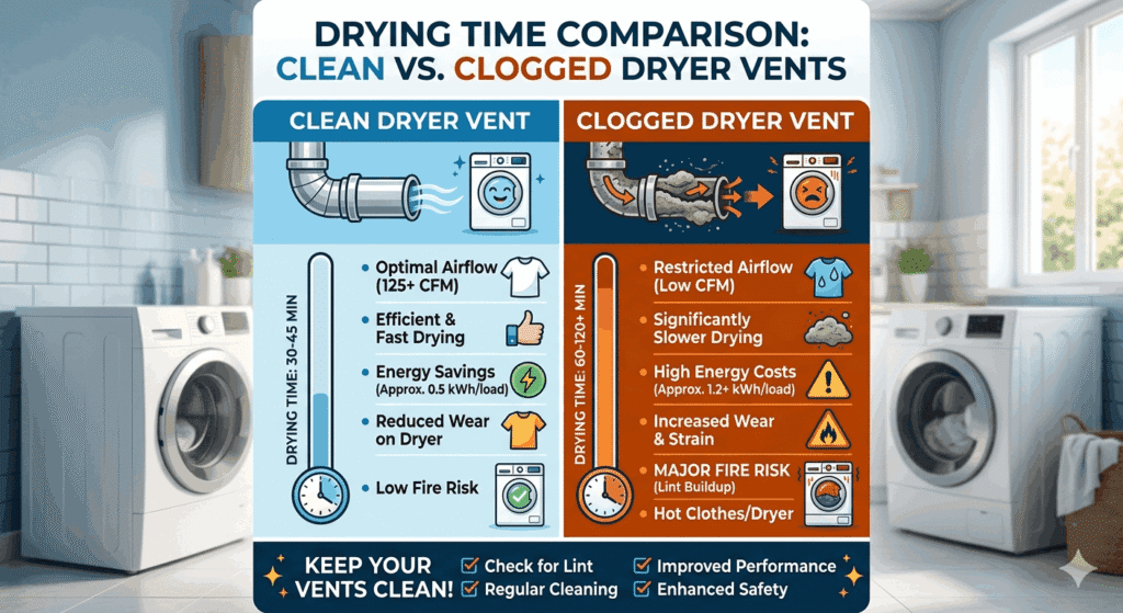 Infographic comparing clean vs. clogged dryer vents, showing that clean vents offer 30-45 minute drying times and low fire risk, while clogged vents result in 60-120+ minute drying times and high fire hazards.