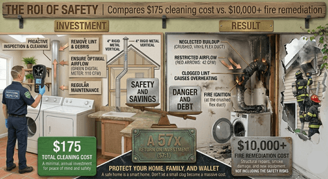 An infographic comparing the $175 cost of professional dryer vent cleaning to over $10,000 in fire remediation costs for homeowners in Ocala, FL.