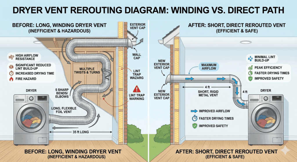A comparison diagram showing an inefficient, long, winding flexible foil dryer vent versus a short, direct rerouted rigid metal vent for improved home safety and drying speed.