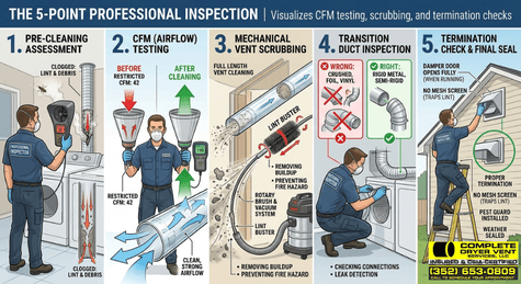 An infographic illustrating the 5-point professional dryer vent inspection including airflow testing and mechanical scrubbing for a vent cleaning service in Ocala, FL.