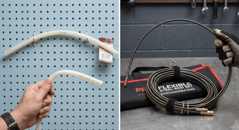 A comparison of flimsy white plastic DIY vent rods versus a heavy-duty professional flexible steel rod set used for dryer vent cleaning in Clermont, FL.