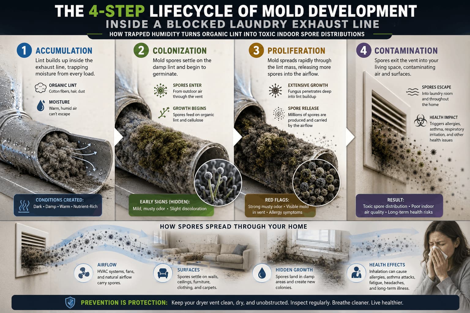 Infographic explaining mold development in clogged dryer vents, highlighting the need for professional dryer vent cleaning in Ocala, Florida.