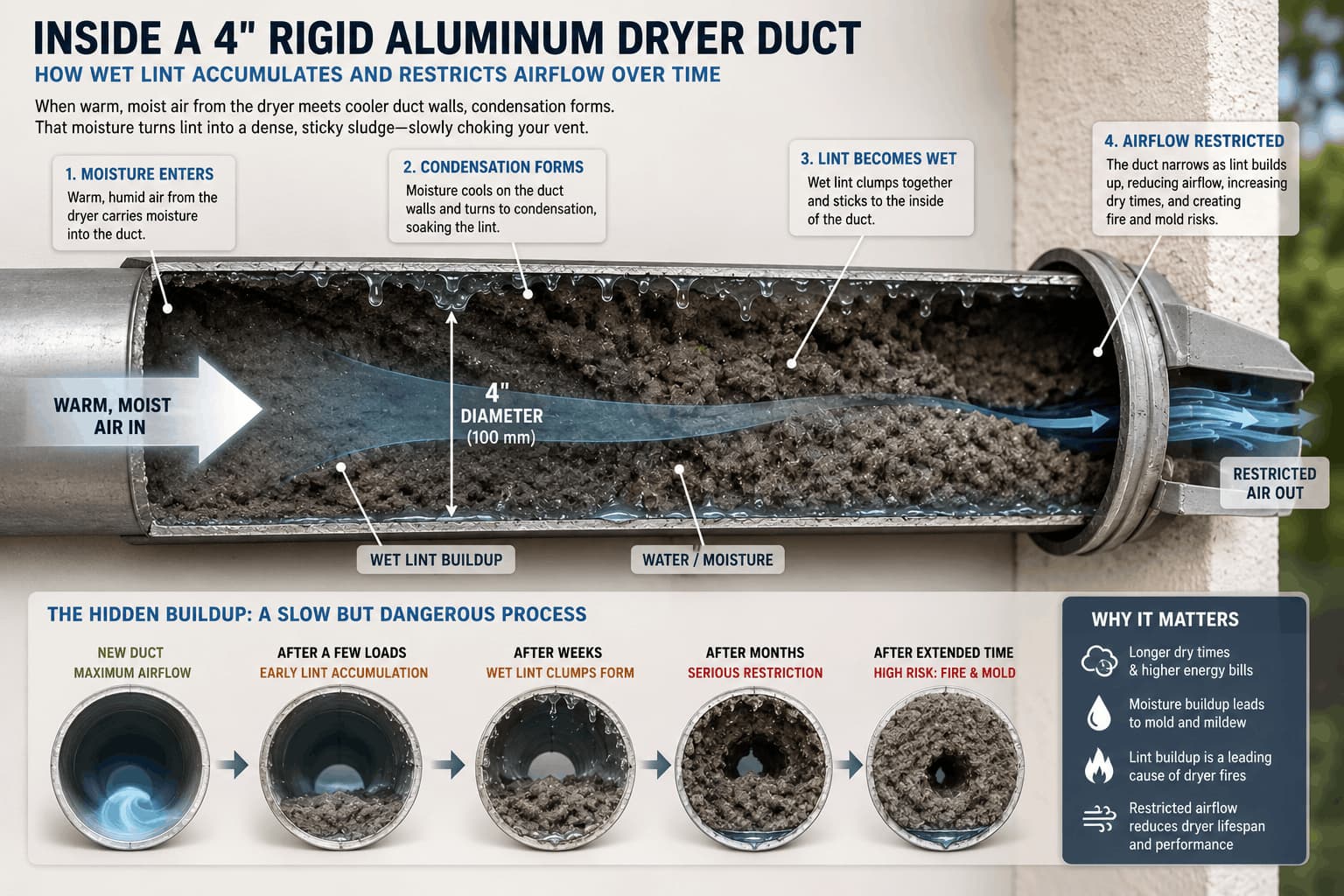 Diagram of a 4-inch rigid aluminum dryer duct showing moisture, condensation, and wet lint buildup in an Ocala home.