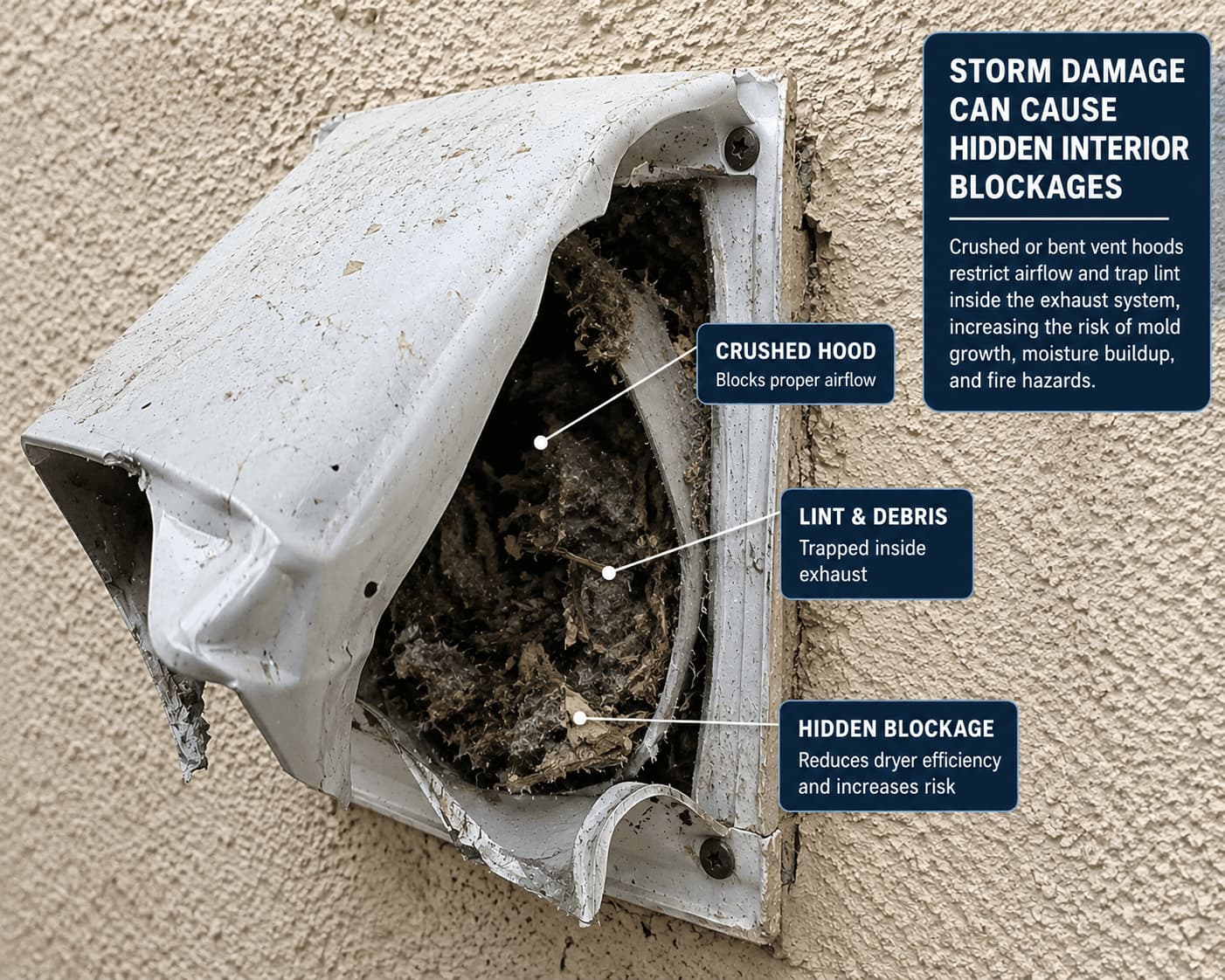A damaged, crushed exterior dryer vent hood showing heavy lint buildup, highlighting the need for dryer vent repair services in Ocala, FL.