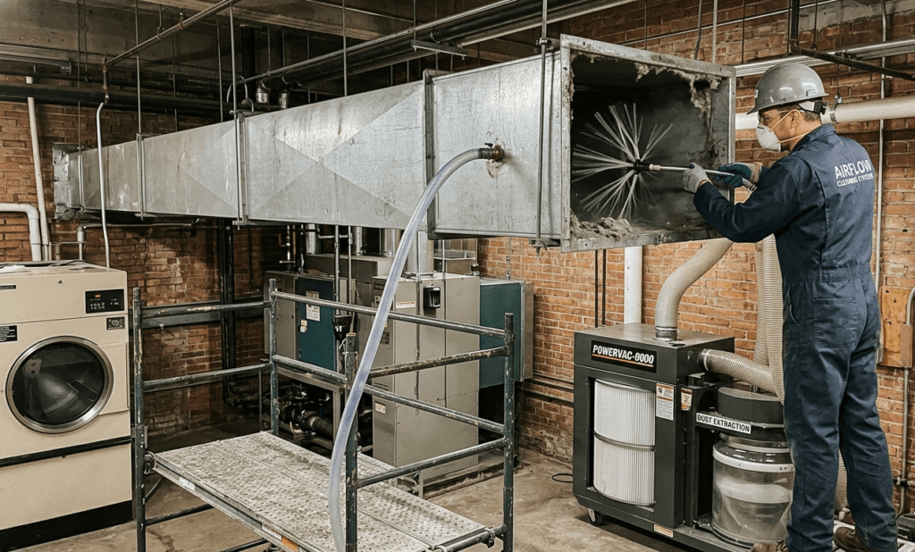 Commercial Dryer Vent Cleaning: Fire Safety & Compliance Guide 2 Professional technician performing commercial air duct cleaning using specialized equipment in Ocala, FL.