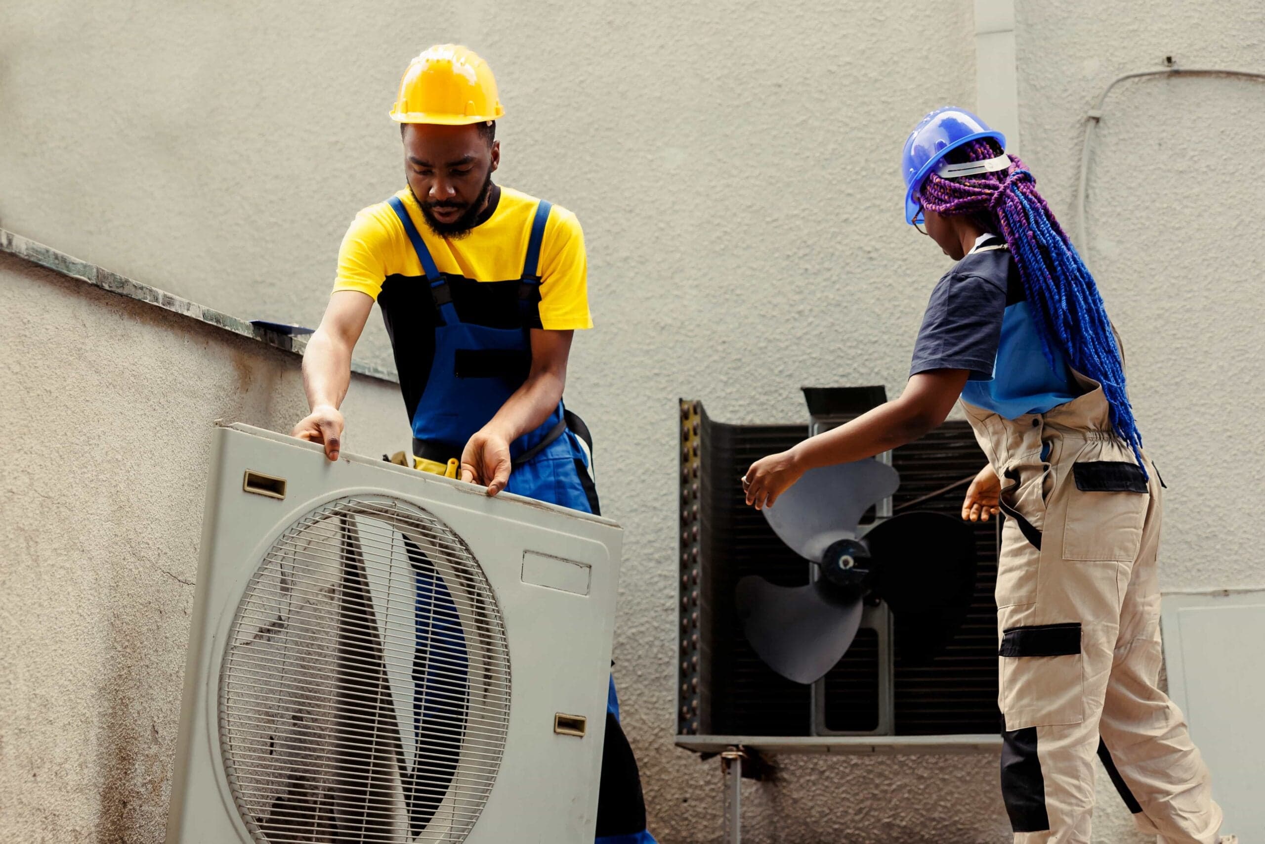 Commercial Dryer Vent Cleaning: Fire Safety & Compliance Guide 1 HVAC technicians performing professional AC repair and maintenance on equipment in Ocala, FL.