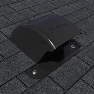 High-Performance DryerJack Roof Vent Termination A close-up of a low-profile black DryerJack roof vent properly installed on a grey shingled roof, showing the specialized hood designed for maximum airflow.